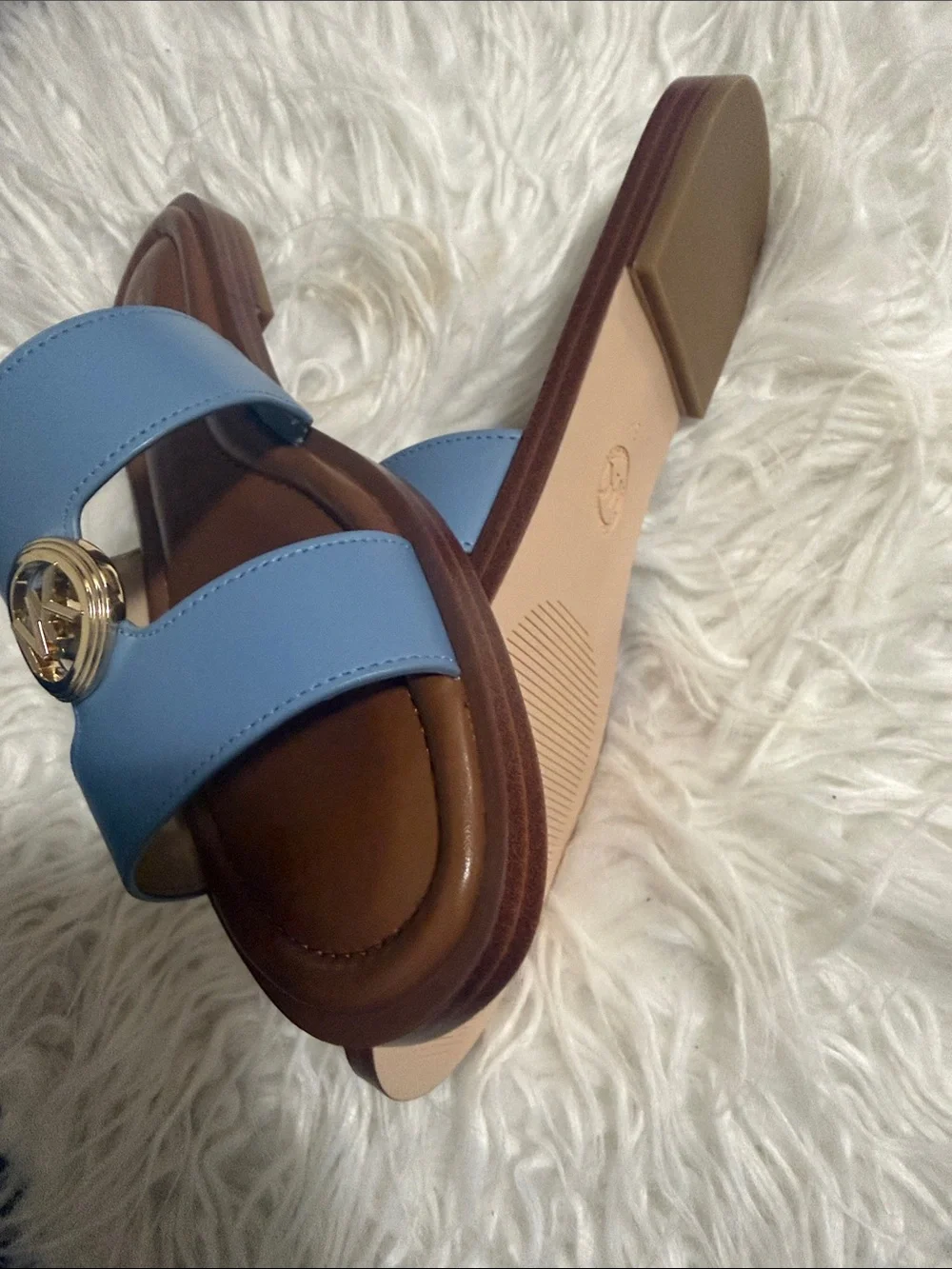 Michael Kors Light Blue Leather Erin Flat Sandals with Gold MK
